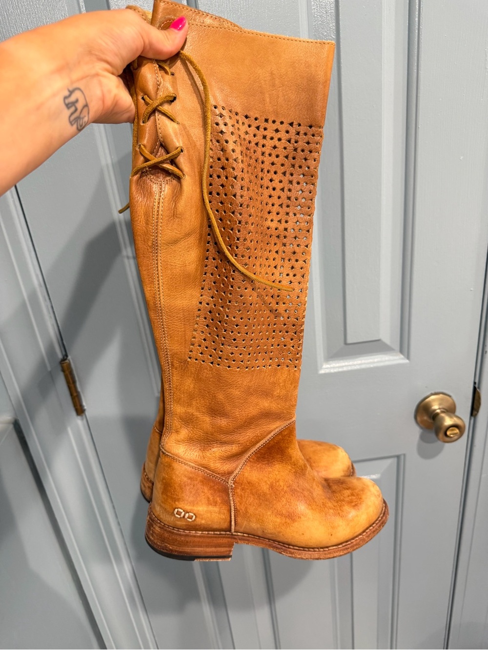 Bed Stu Perforated Lace-Up Tall Leather Boots in Tan